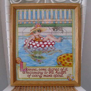 Mary Engelbreit Art Framed Print Leisure Summer Swimming Pool Tabby Cat 12X14
